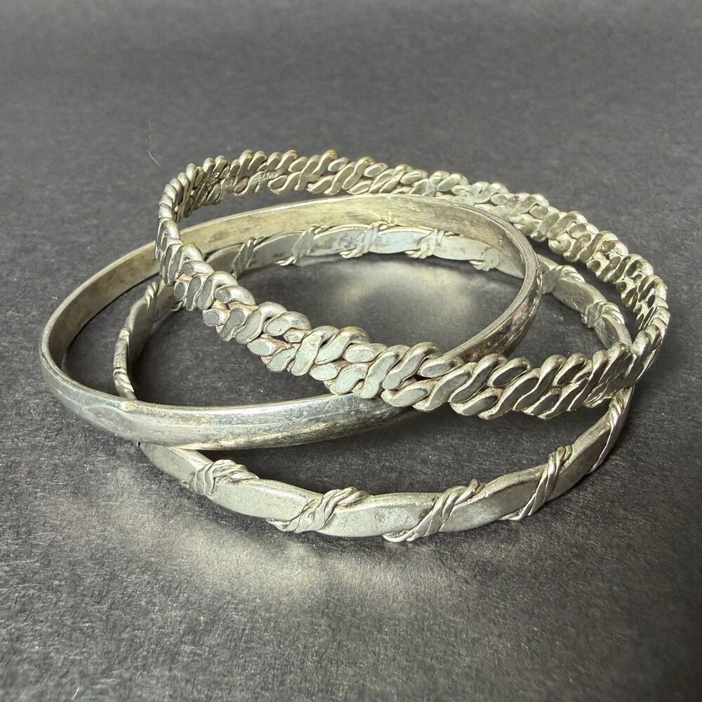 Vintage Sterling Silver Bangle Bracelet Set 8” TAXCO MEXICO Braided Rope 49g Lot